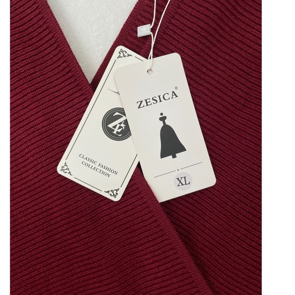 ZESICA Wrap Sweater Dress Women XL Burgundy New Ribbed Batwing V-Neck Mini Tie - Picture 10 of 11